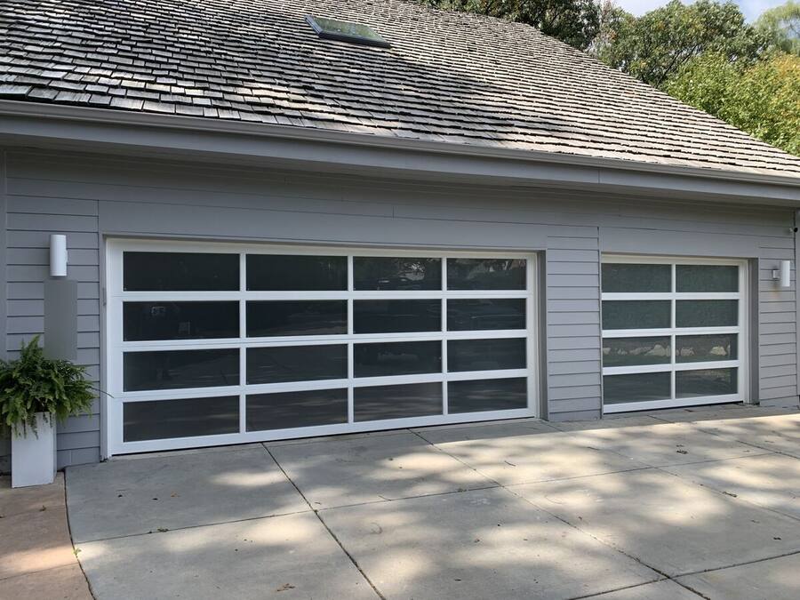 Full-view glass and aluminum garage doors